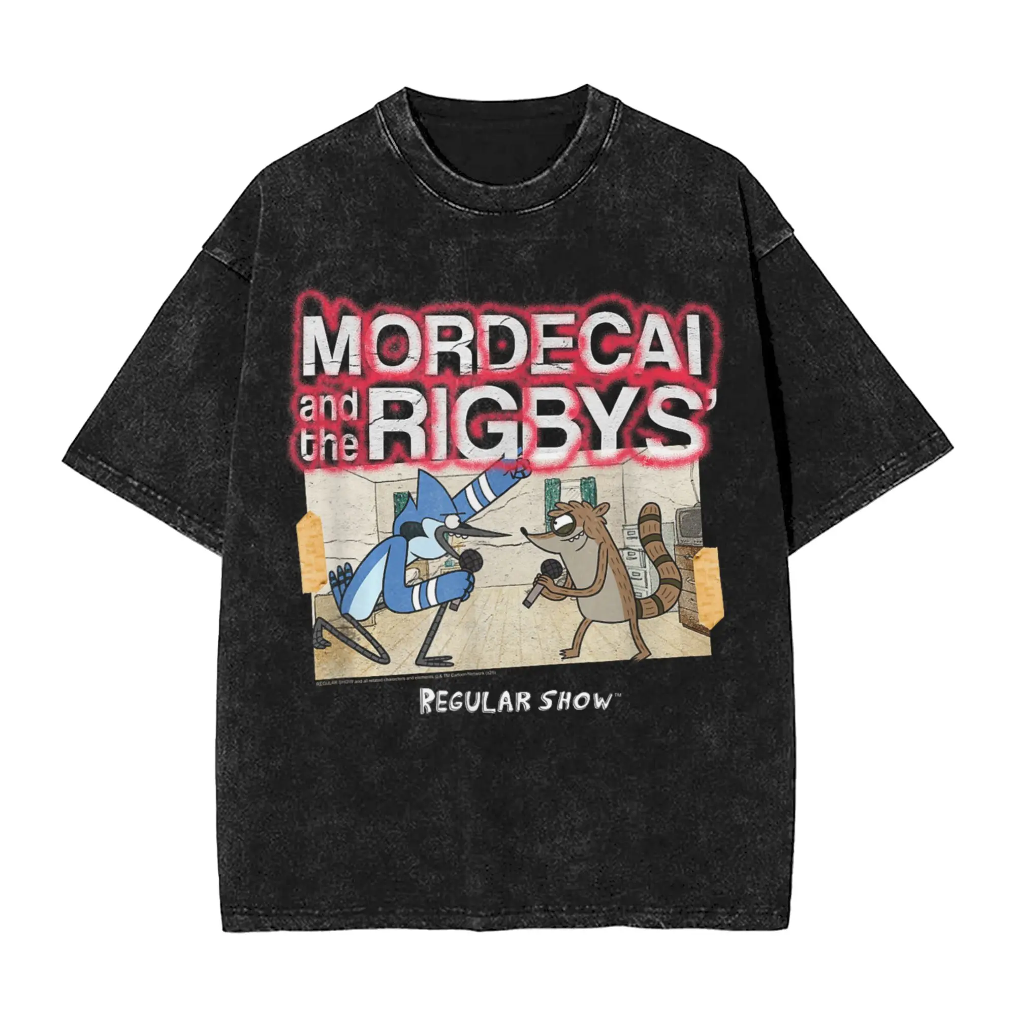 Regular Show Mordecai and The Rigbys Band Washed T-Shirt Mens  Street Style Cotton T-Shirts Summer Design Big Size Clothing