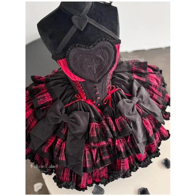 Vestido a cuadros rojo y negro de Lolita para Cosplay de alta calidad, vestido de princesa con cuello de lazo bonito y dulce para mujer, vestido de noche de fiesta ajustado gótico