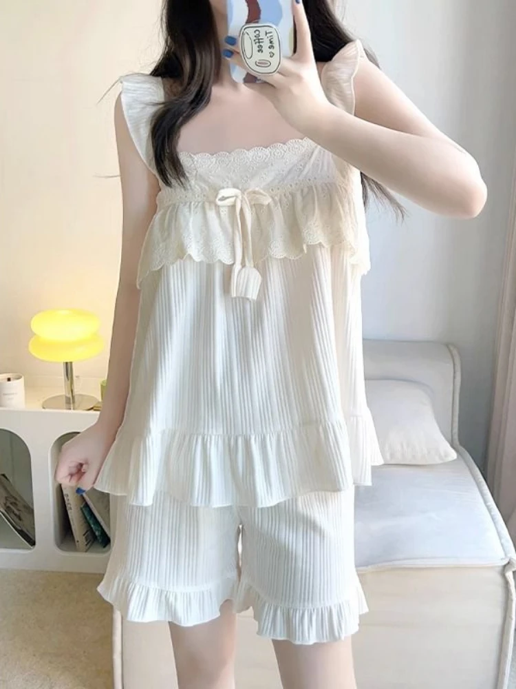 Pajama Sets Women Ins Kawaii Ruffles Sleeveless Sweet Girls Sleepwear Korean Style Princess Vintage Stylish Pajamas Cozy Soft