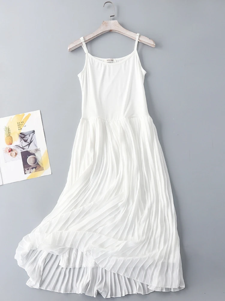 

Qiukichonson Modal Women Summer Long Dresses Pleated Lolita Mori Girl Slip Chiffon Dresses White Black Sundress jurk dames