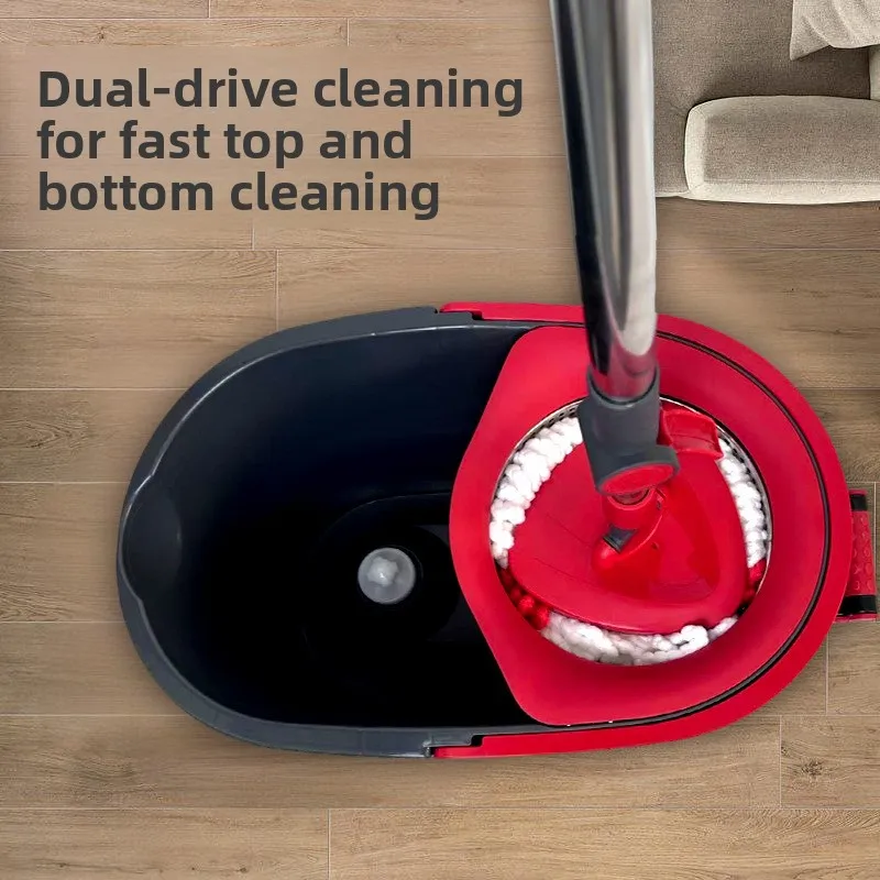 The hands-free rotating mop bucket set features a retractable foot-operated hand-press dual-drive mop, suitable for home, office