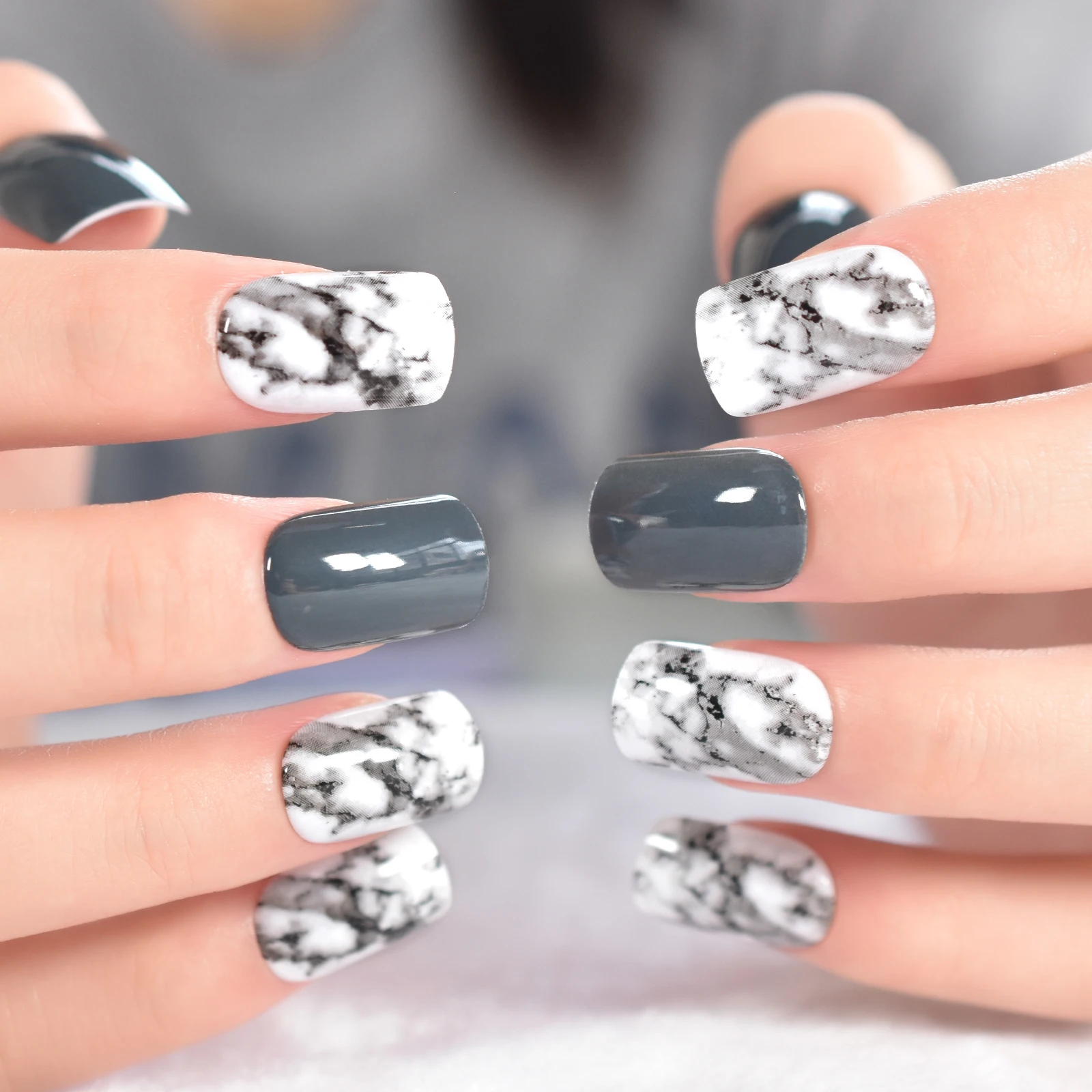 Dirty Medium Press On Nails Design Square Fingernails Art Black And White Style Nails Salon At Home Manicure Pretty Beauty Nails