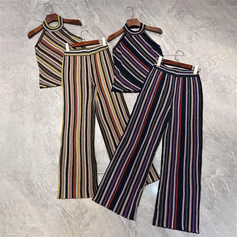 

Women's two pieces set New elastic knitted slim fit women's pants for autumn 2025 Metal yarn blended sleeveless top Pants sets