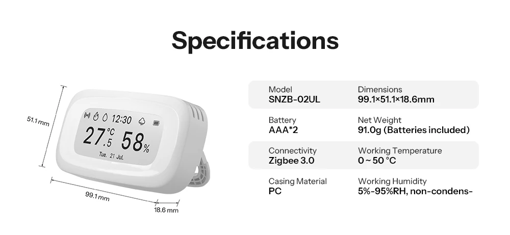 SONOFF E-Ink Zigbee Temperatur- und Feuchtigkeitssensor mit 2,9" Bildschirm AirGuard SNZB-02UL Zeit-, Wetter- und Datumsanzeige Kompatibel mit Alexa und Google – Detail 20