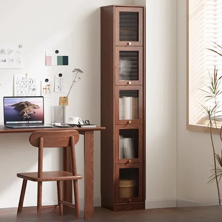 

Solid wood bookshelf simple floor narrow cabinet crevice shelf study home living room dust with door