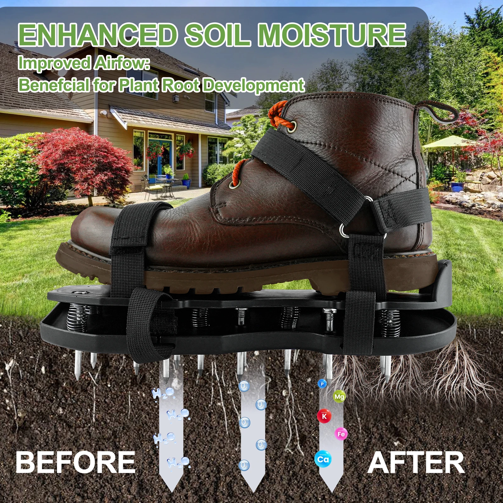 Lawn Aerator Shoes with Spring Base Automatic Leaf and Dirt Cleaning Adjustable Laces–Perfect for Lawn, Yard