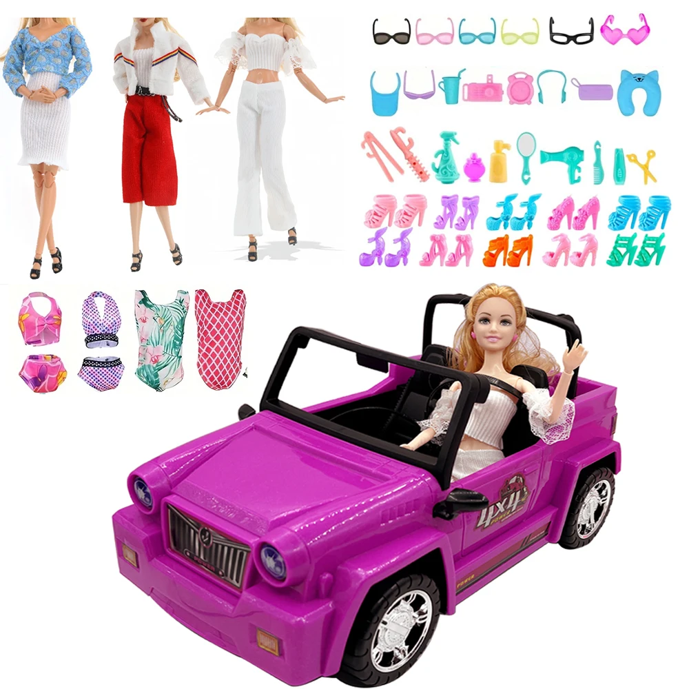 39-delige speelset voor poppen en cabriolet, inclusief pop van 11,5 inch, auto, modejurken, vrijetijdskleding, zwemkleding, schoenen, speelgoed voor meisjes