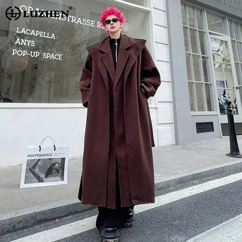

LUZHEN 2025, новинка зимы, двухслойный воротник, искусственный дизайн из двух предметов, однотонная ветровка, пальто, мужской модный свободный плащ JY5019