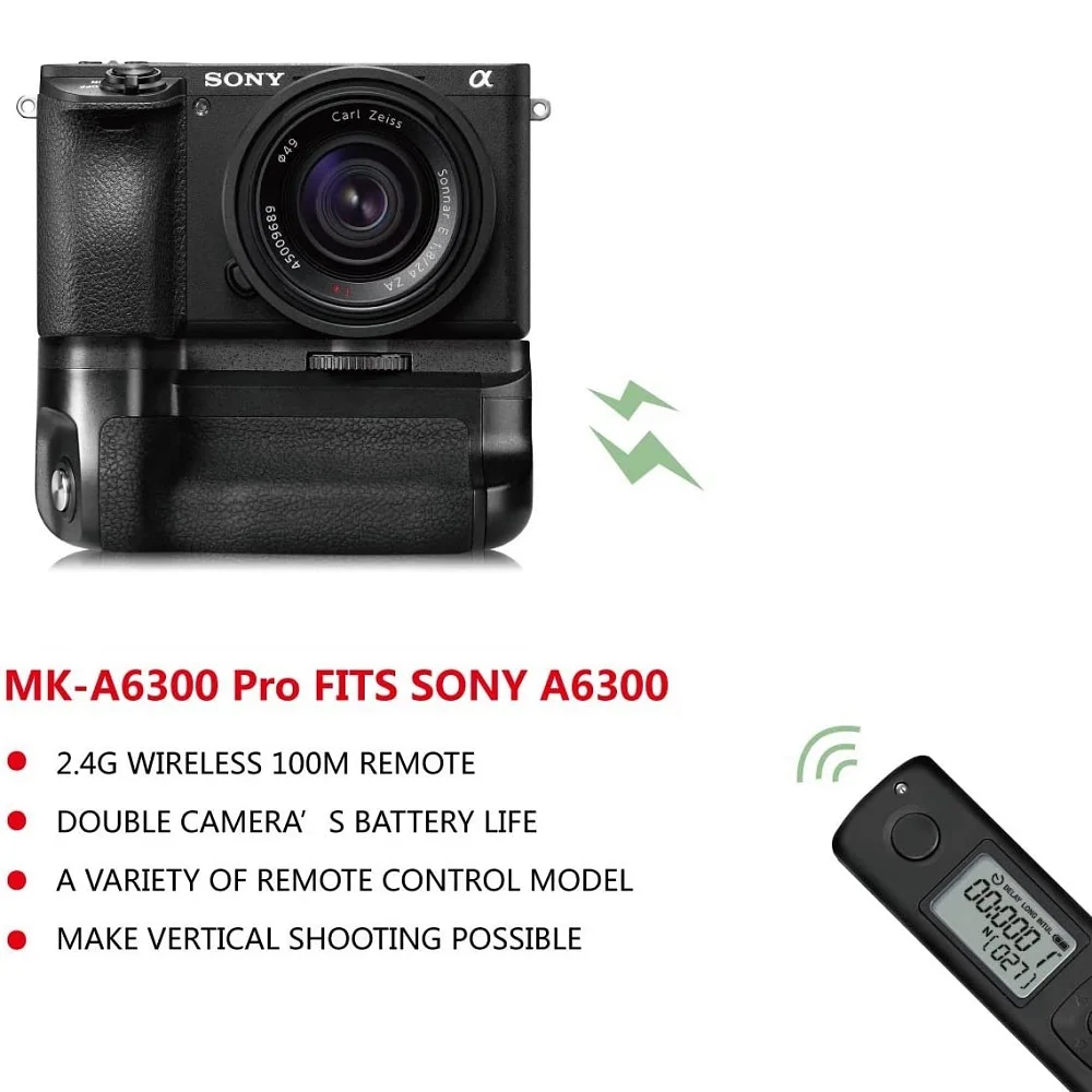 Meike MK-A6300 Pro قبضة بطارية عمودية مع جهاز تحكم عن بعد لاسلكي 2.4 جيجا هرتز لكاميرات سوني A6100 A6400 A6300 A6000