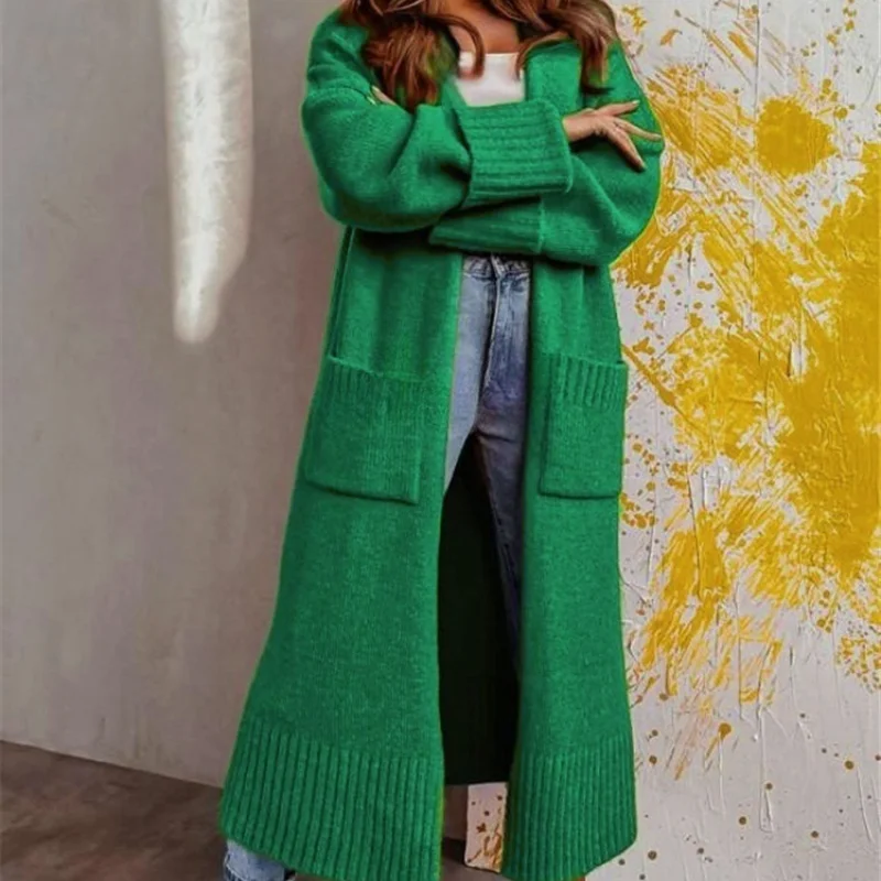 Women Kintted Cardigan Long Jacket Autumn Spring Green Crochet Loose Long Sleeve Winter Sweater 2024 Warm Jumper Coat Cardigans