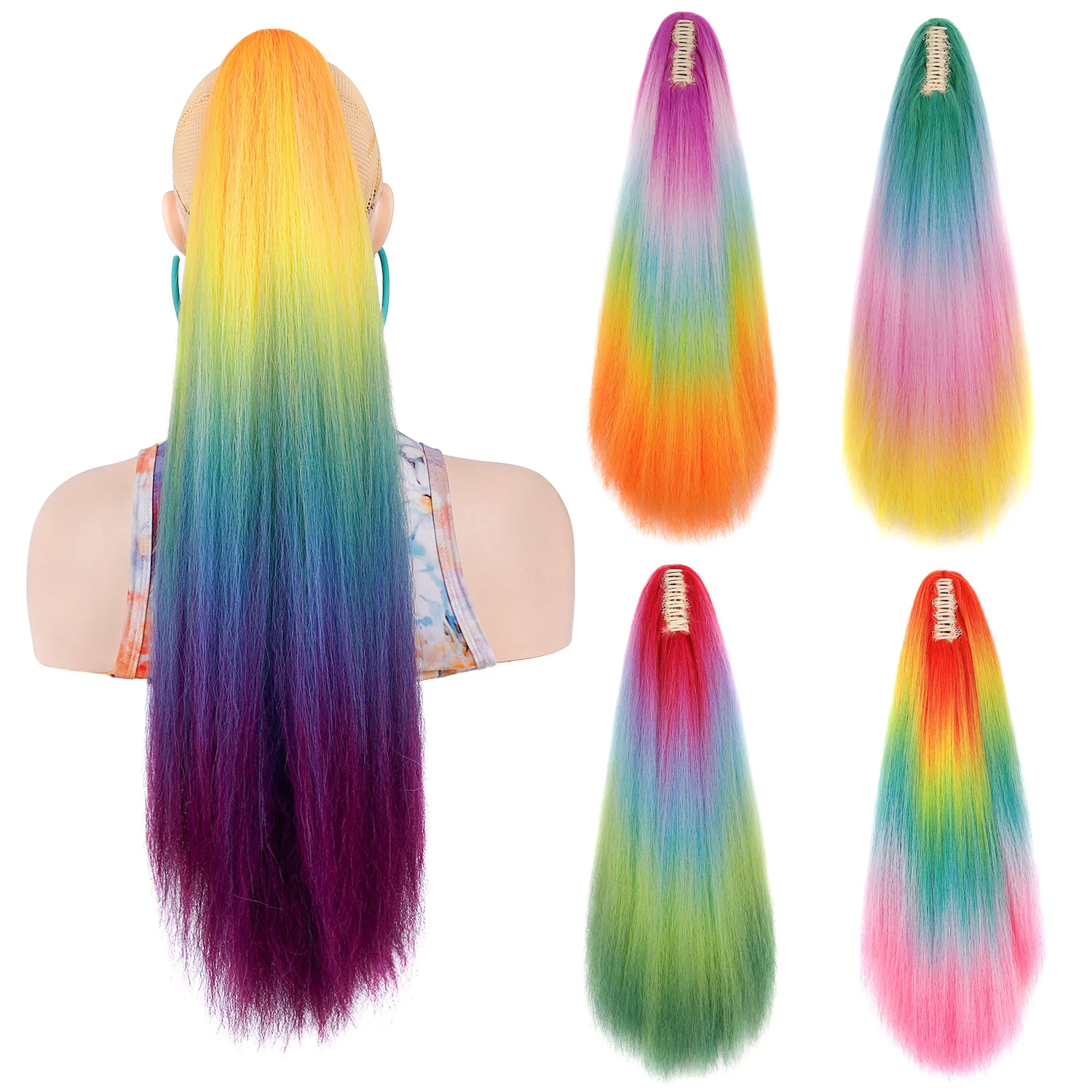 Synthetic Long YK Fiber Fluffy Colored Claw Clip Ponytail Extension for Women, Ombre Curly Heat-Resistant Cosplay Fashion Party