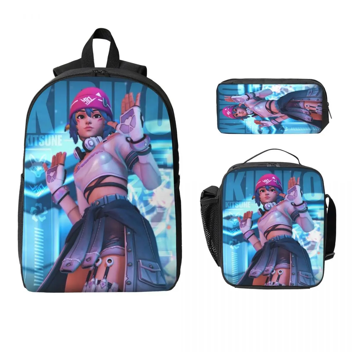 3Pcs Kiriko Overwatch Backpack Set for Girls Boys Pencil Boxes Bookbag Sets with Lunch Box For School Students Knapsack