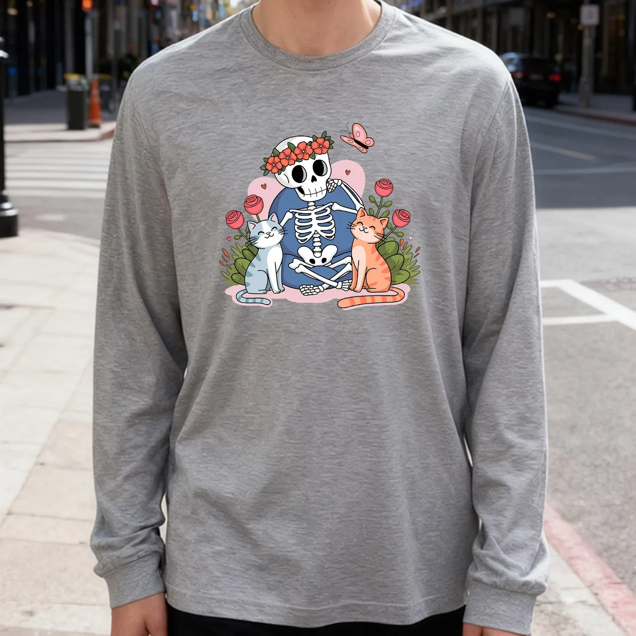 Skull and Cat Men's Long Sleeve Tee 100% Cotton 180g Crew Neck Casual Daily Style Soft and Breathable