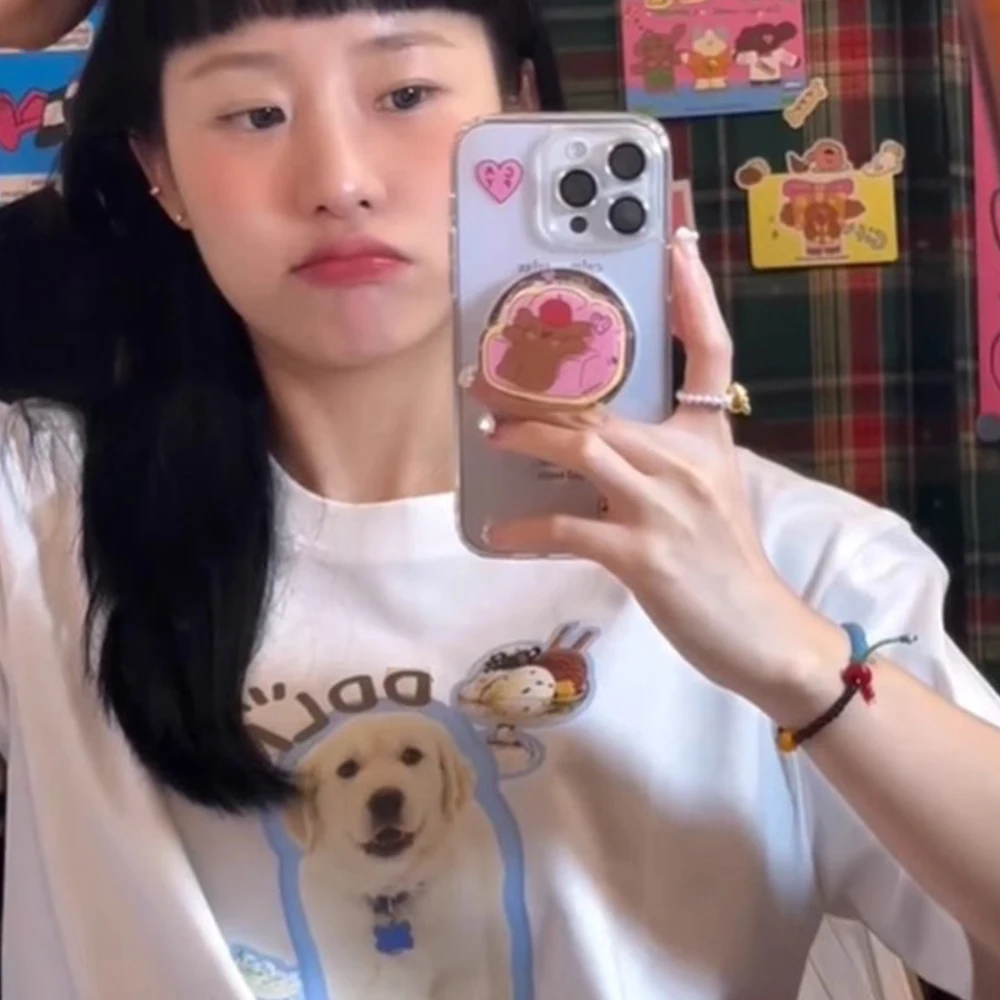 تي شيرت نسائي كاواي كلاب حيوانات أليفة ، ملابس رسومات للقطط ، توبات غير رسمية للفتيات ، بلوزة على الموضة الكورية ، هاراجاكو ملابس الشارع ، Y2k