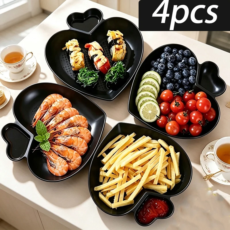 4pcs heart-shaped jiaozi plate, with sauce interlayer, jiaozi, French fries, snacks dip plate, can be washed with dishwasher.