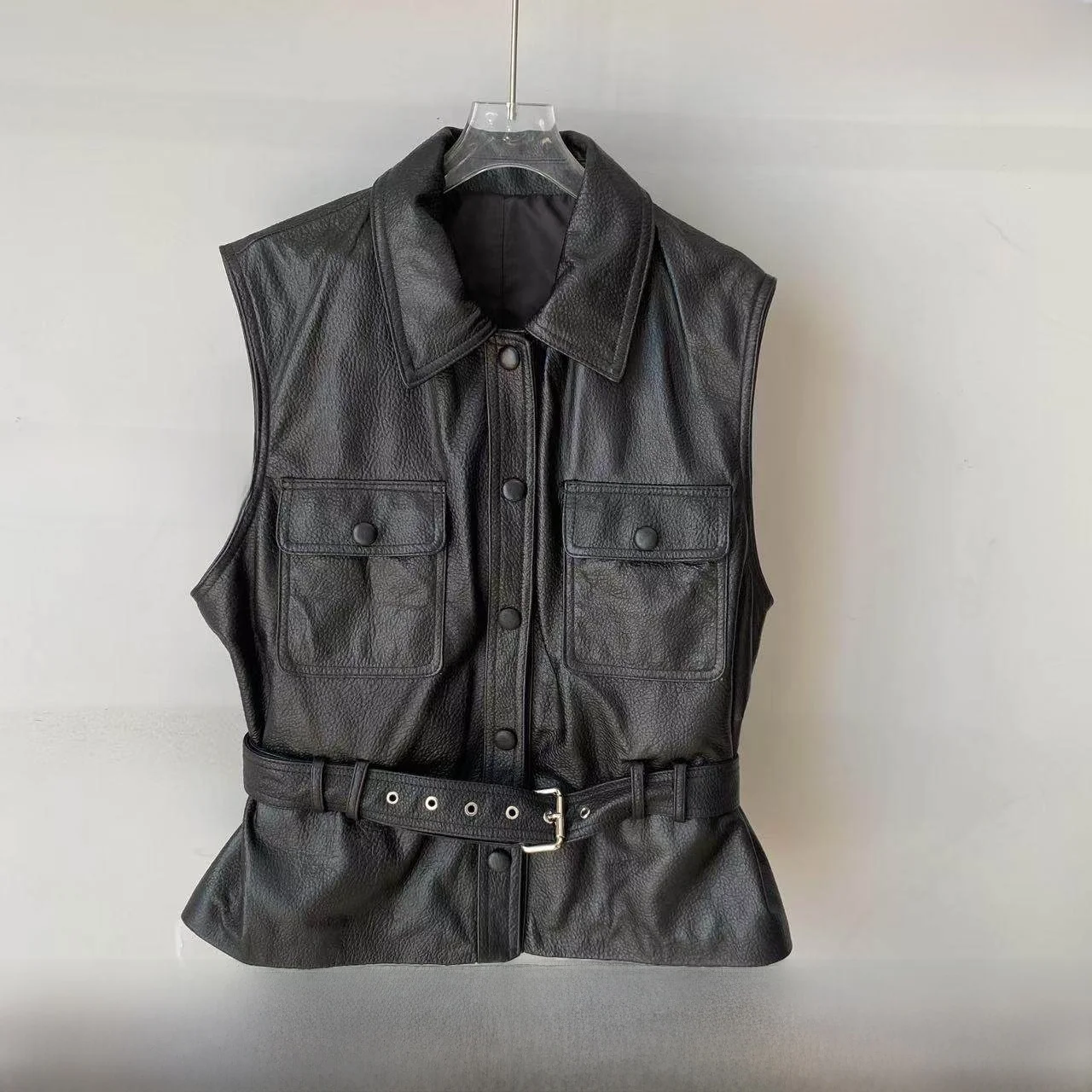 

Fall 2025 New Sle Women's Faionable ort Genuine Leather eepskin Vest Svel Tank Top Coat Collar Multi-ket