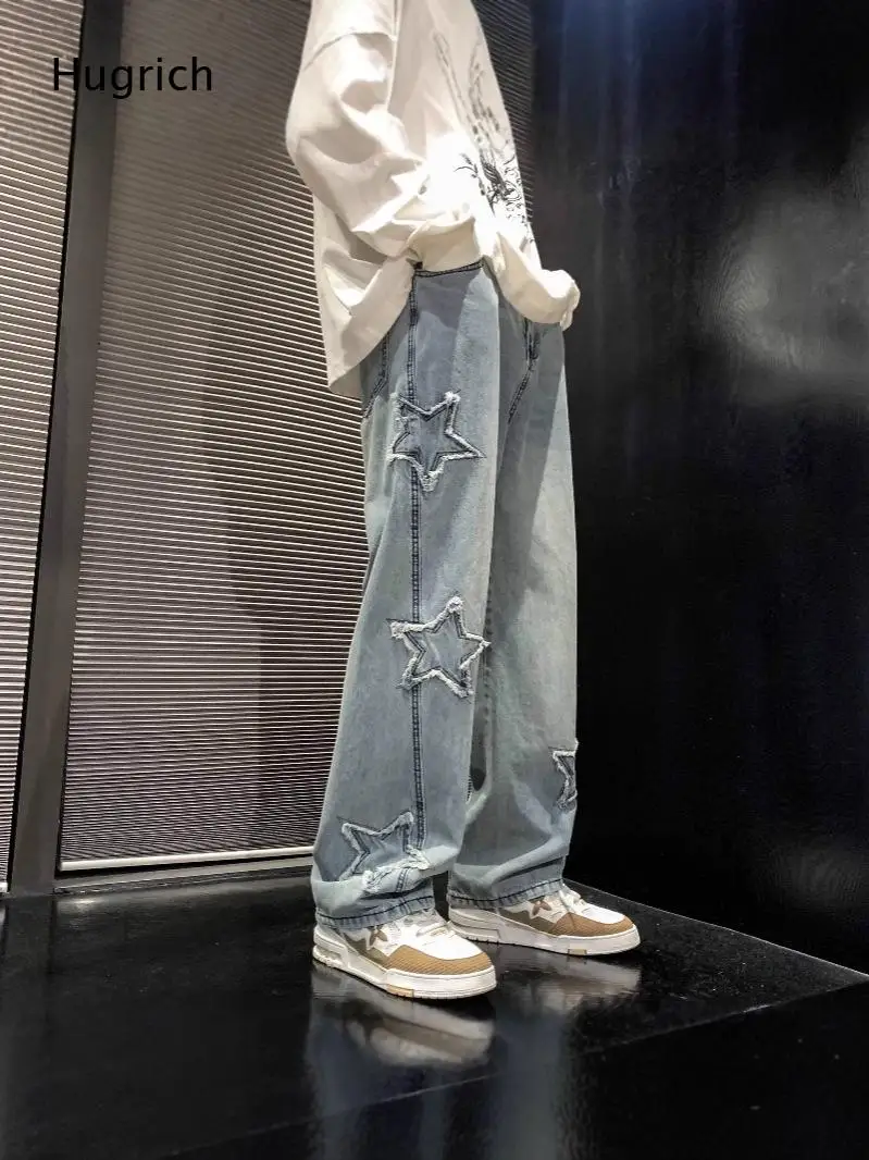Light Vintage Wash Raw Fray Star Patch Wide Leg Jeans Mens Y2K Hip Hop Skate Oversized Baggy Streetwear Denim Trousers