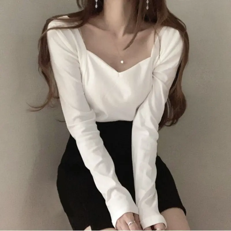 2023Women\'s Spring and Autumn New Fashion Elegant Solid Color Square Neck Retro Versatile Long Sleeve Slim Fit T-shirt Tops