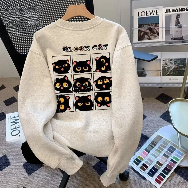 Little Black Cat Pattern Print Hoodies Women Spring Autumn Casual Vintage Y2k Clothes Female Graphic Sweatshirt Women Korean Top