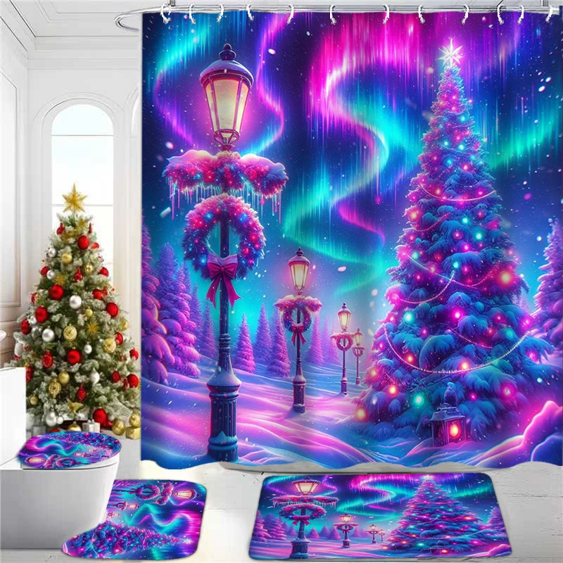 

Christmas Tree Decro Snowy Pattern Shower Curtain Bath Sets Waterproof Non-Slip Bathroom Rug Toilet U With 12 Hooks Home Deco