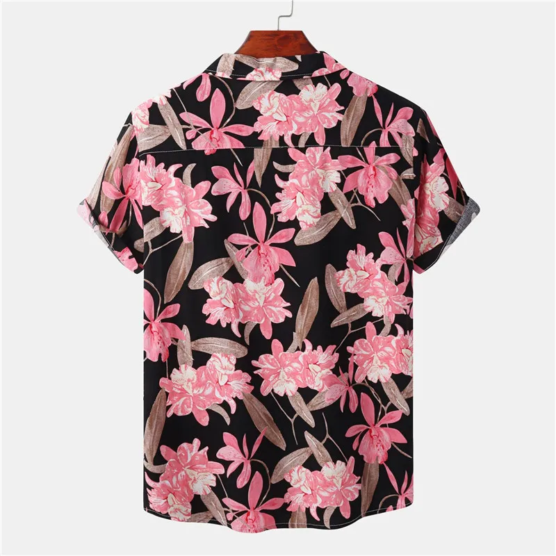 Black Pink Floral Print Beach Aloha Shirts Men Camisa Masculina 2023 Summer Casual Short Sleeve Hawaiian Shirt Men Party Clothes