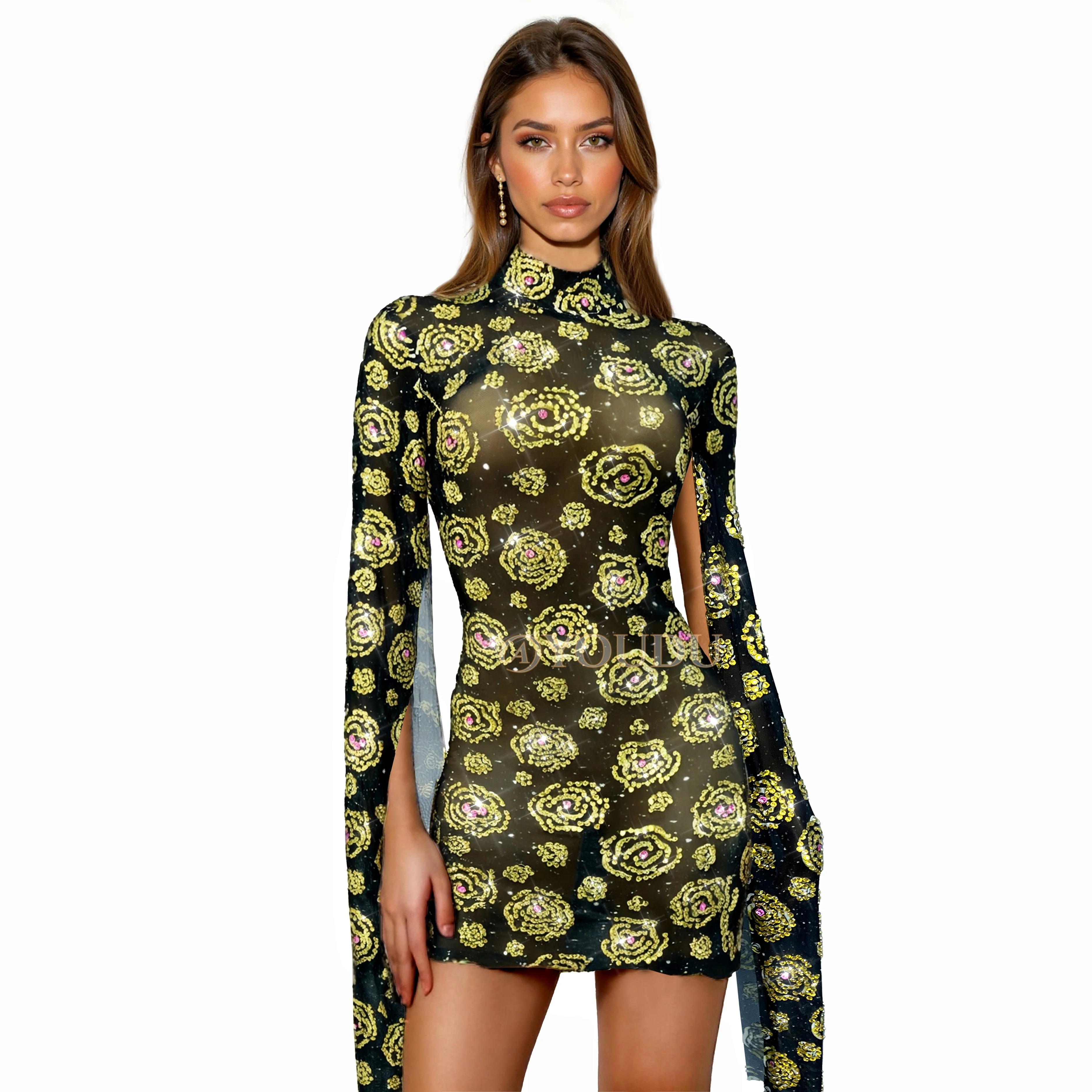 Hochwertiges, luxuriöses Abendkleid mit glänzenden Strasssteinen und Rosen für Damen, elegantes Cocktailparty-Kleid auf dem roten Teppich, Show-Outfit, Jinmeigui