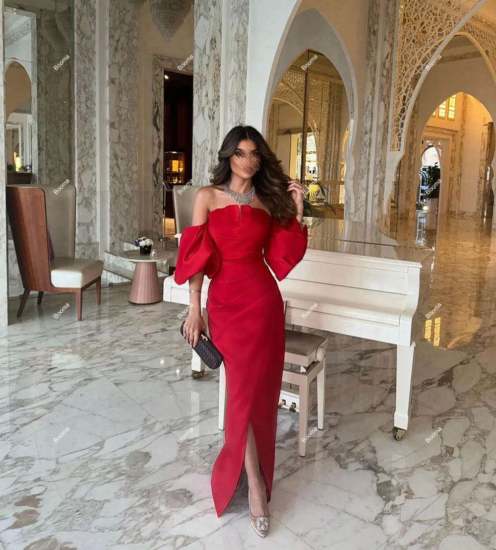 Booma Red Mermaid Evening Dresses Off Shoulder Puff Sleeves Satin Formal Party Gowns for Women Slit Simple Prom Dress