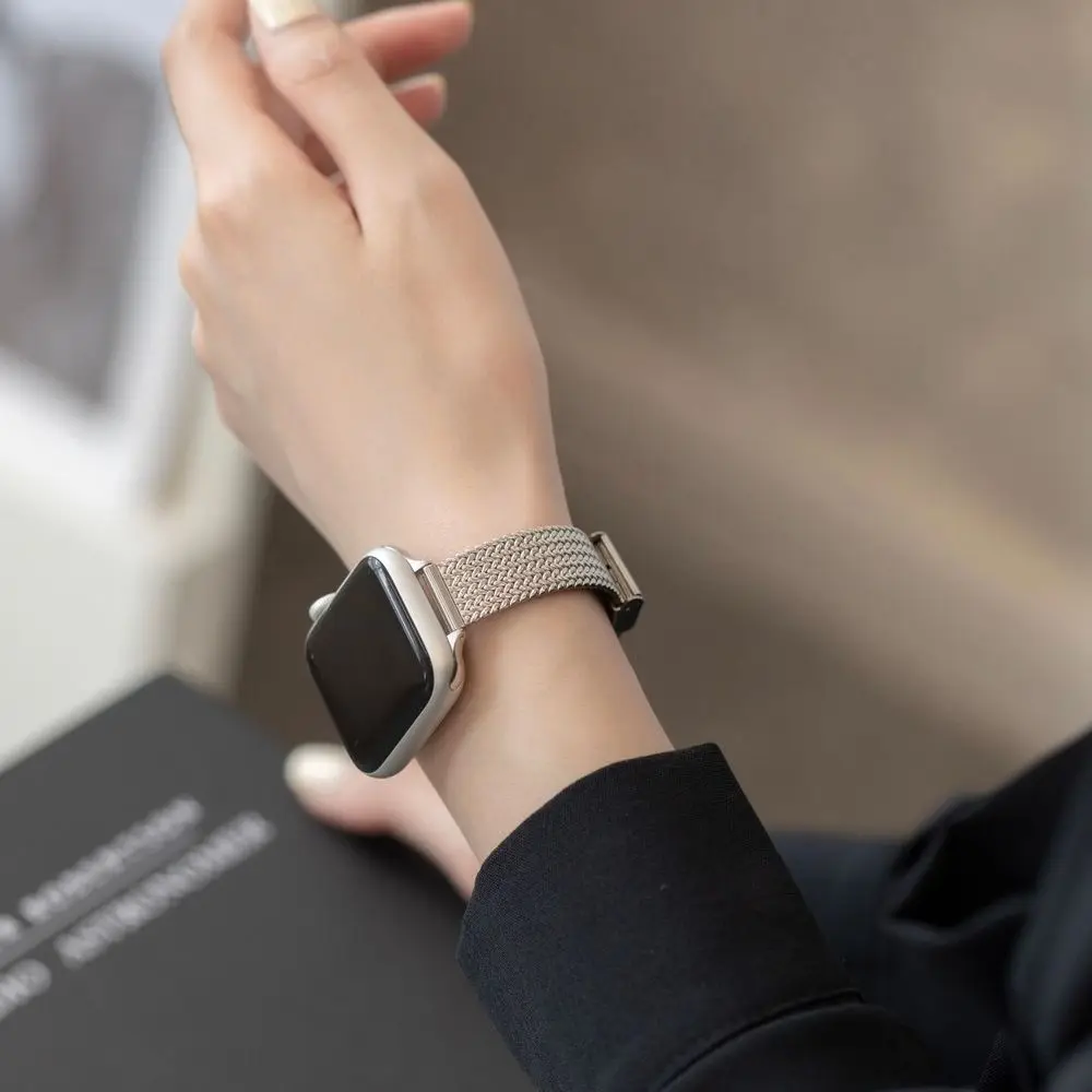 سوار ساعة العلامة التجارية الجديدة حزام ساعة اليد لساعة iwatch1234567se بسيط نمط الأذن القمح الفولاذ المقاوم للصدأ حزام ساعة لساعة أبل