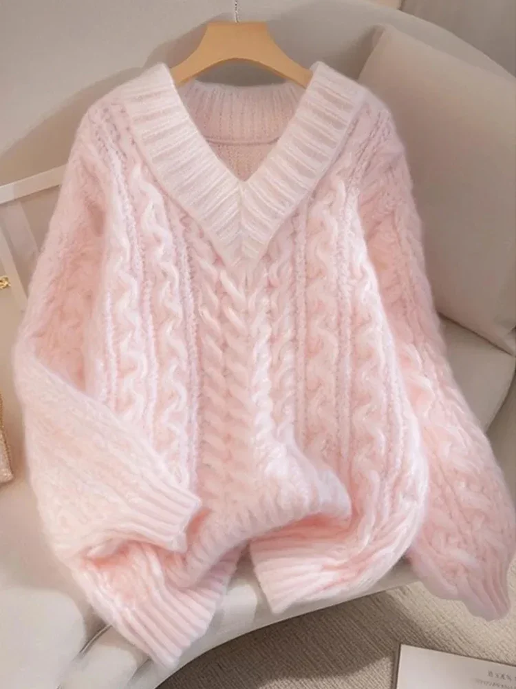 Jmprs Elegant Pink Sweaters Women Sweet Preppy Style Loose Knitted Jumpers Lazy Wind Long Sleeve Female V Neck Kawaii Soft Tops