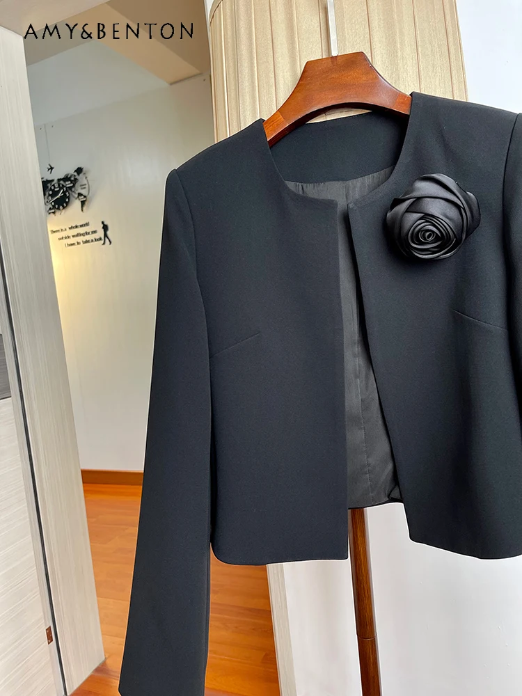 Commute Style Elegant High-Grade Rose Buckle-Free Suit Jacket Spring Summer New Thin Office Lady Pure Color All-Match Loose Coat