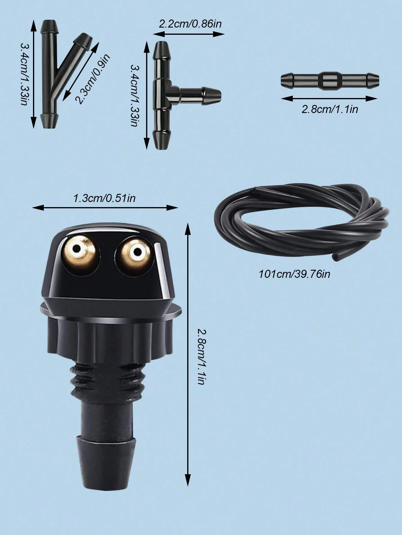 مجموعة فوهة غسالة الزجاج الأمامي القابلة للتعديل العالمية - مجموعة مكونة من 9 قطع تتضمن موصل خرطوم الفوهة، تصميم ثقب مزدوج لتحسين Cl