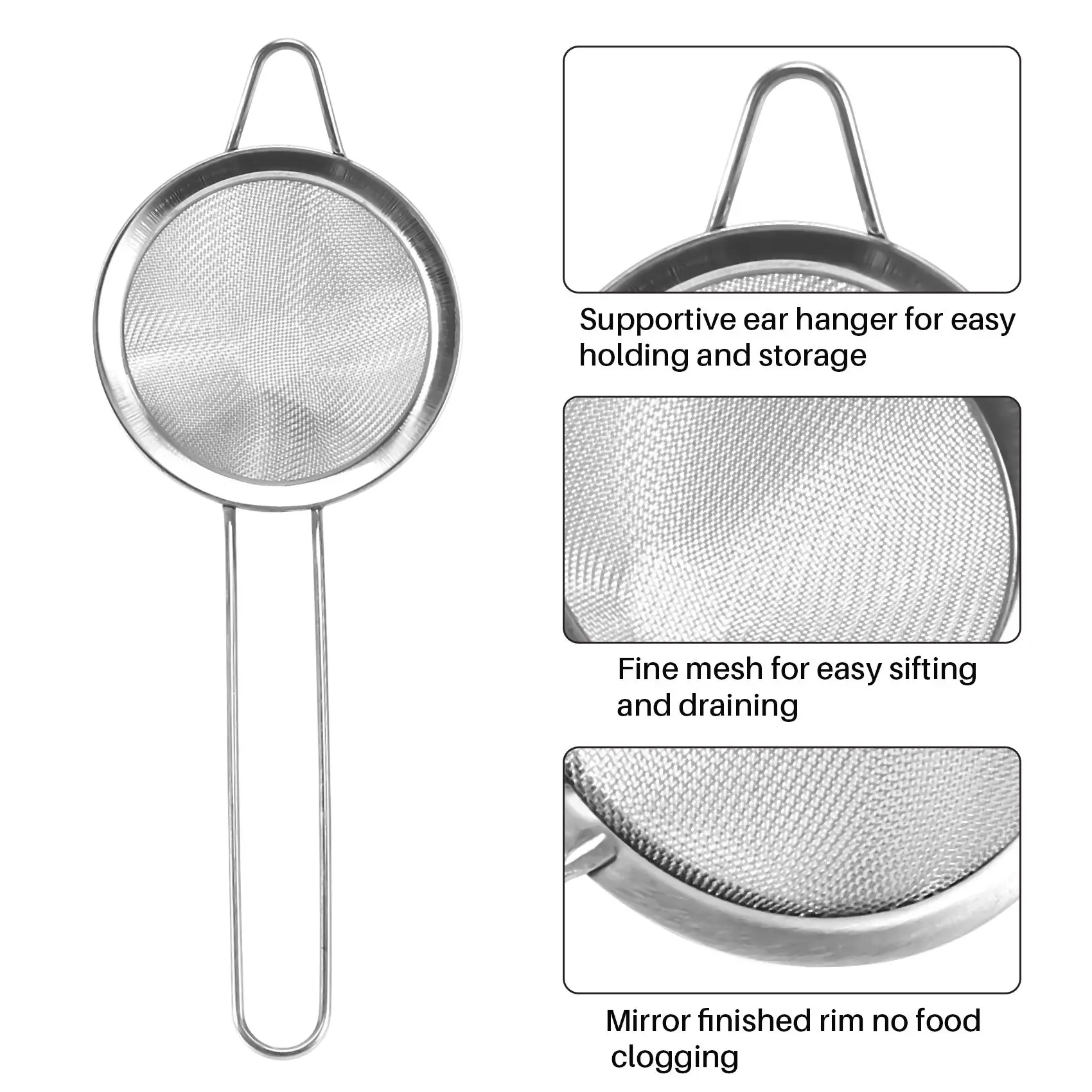A013 Tea Strainer, 3.3 Inch Fine Mesh Sieve Strainer Stainless Steel Mesh Strainer with Handle for Strain Drain and Rinse