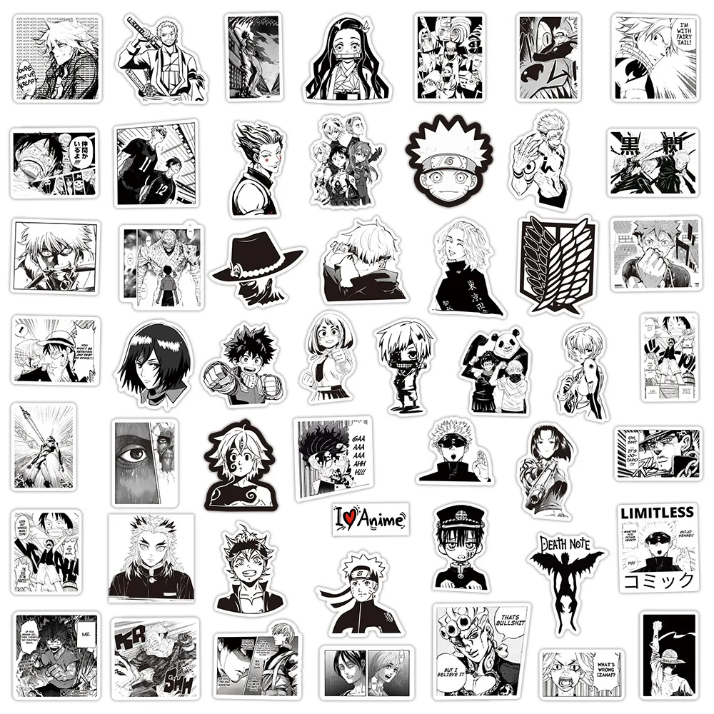 Pegatinas de Anime para niños, 10/30/50/100 piezas mezcla de color blanco y negro, grafiti, motocicleta, monopatín, portátil, impermeable, juguetes geniales