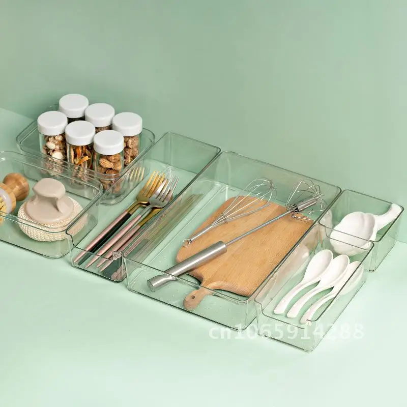 

Transparent Japanese-Style Desktop Drawer Organizer Plastic Storage Box for Kitchen Tableware Stationery-Clear Compartmentalized