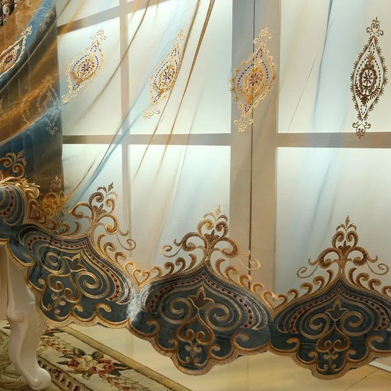 ヨーロッパ刺繍カーテンリビングダイニングルーム寝室バルコニー床窓カスタマイズされたヴィラブルーシェニール高シェーディング