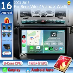Android 16 For Benz Vito 2 Viano 2 W639 2003-2016 2K QLED Android Car Radio Multimedia Video Player GPS stereo CarPlay Head Unit