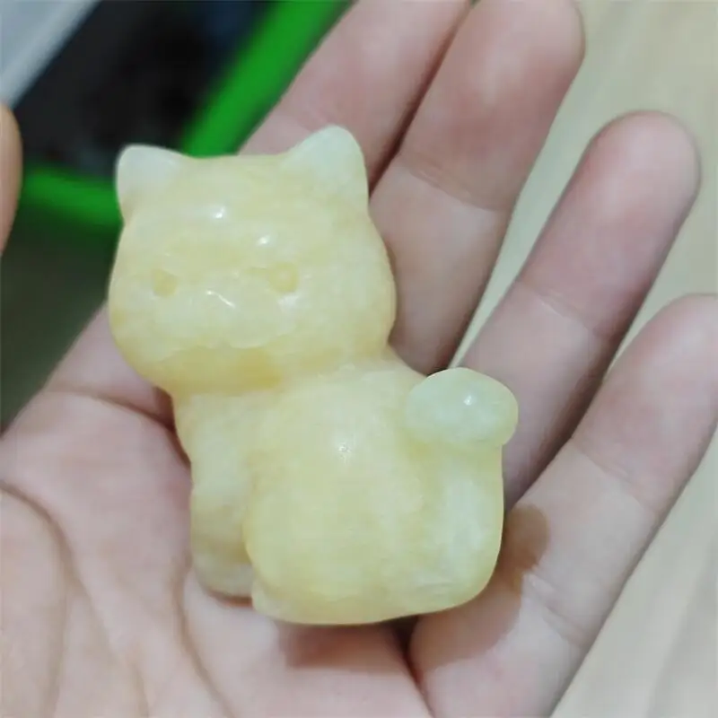 Natural Yellow Calcite Cartoon Cat Carving Fashion Gemstone Collection Home Decoration Crafts Healing Birthday Gift 1PCS