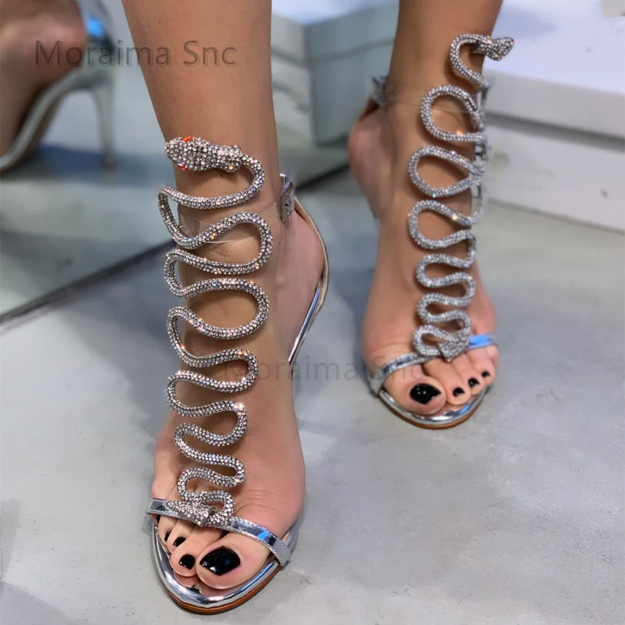 Women's Snake Pattern Rhinestone Sandals High Heels Luxurious Design Pointy Open Toe Summer Shoes for Women Silver Stiletto