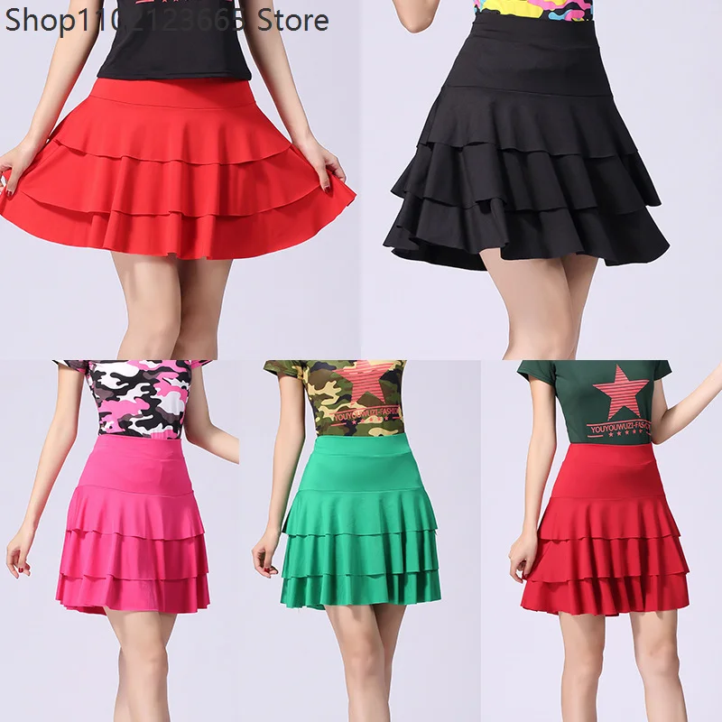 2026 Plus Size Latin Dance Skirt Women Adult Three Layer Cake Half Length Skirt Square Dance Cha-cha Modern Social Dance Skirt