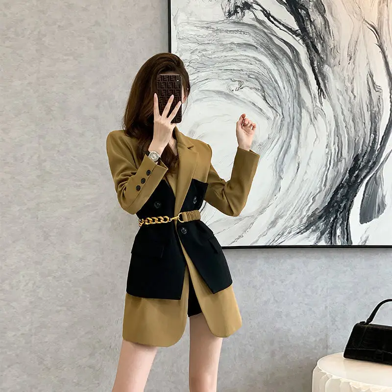 New Design Blazer Women Fashion New Loose Korean Spliced Single Breasted Blazer Mujer Femal with Belt