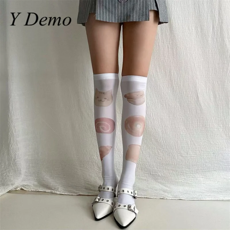 Y Demo Y2k Cute Cat Bread Printing White Thin Stocking Women Stretchy Cakes Toast Over Knee Socks