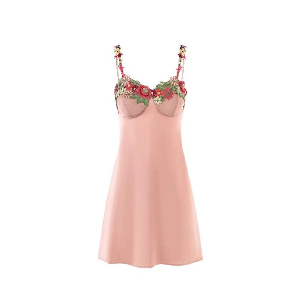 

Flower Embroidery Women's Pajama Dress Sleeveless Beauty Back Satin Silk Suspender Nightdress Thin Sleepwear