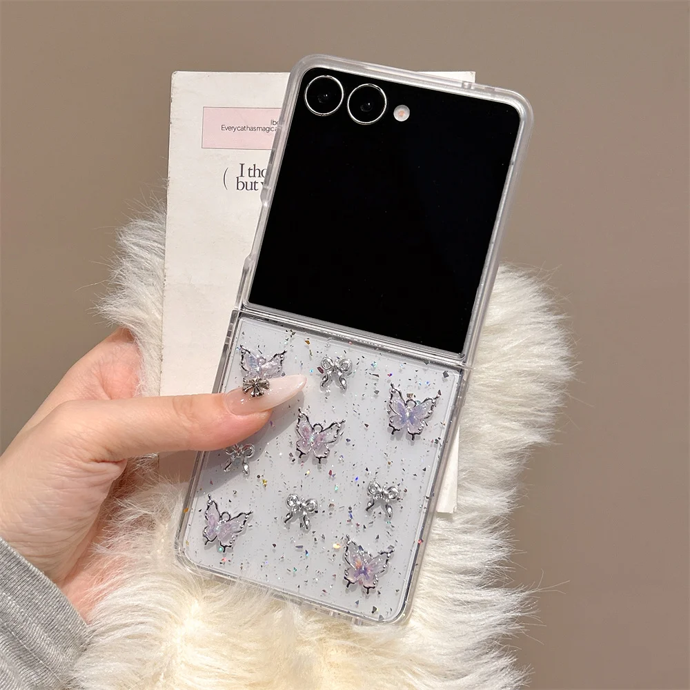 Y2K Chic Iridescent Butterfly Bow Glitter Clear Phone Case for Samsung Galaxy Z Fold 7 Bead Wrist Strap Cover for Z Flip 7-3