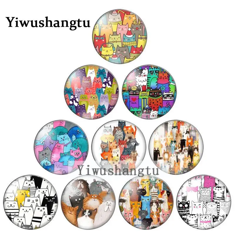 Cartoon colorful cats group painting 10mm/12mm/18mm/20mm/25mm Round photo glass cabochon demo flat back Making findings