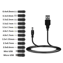 Universal USB to 5V DC Power Cord Charging Cable 5.5x2.1mm Jack With 12 Interchangeable Plug Adapter Micro USB Mini USB DC Plug