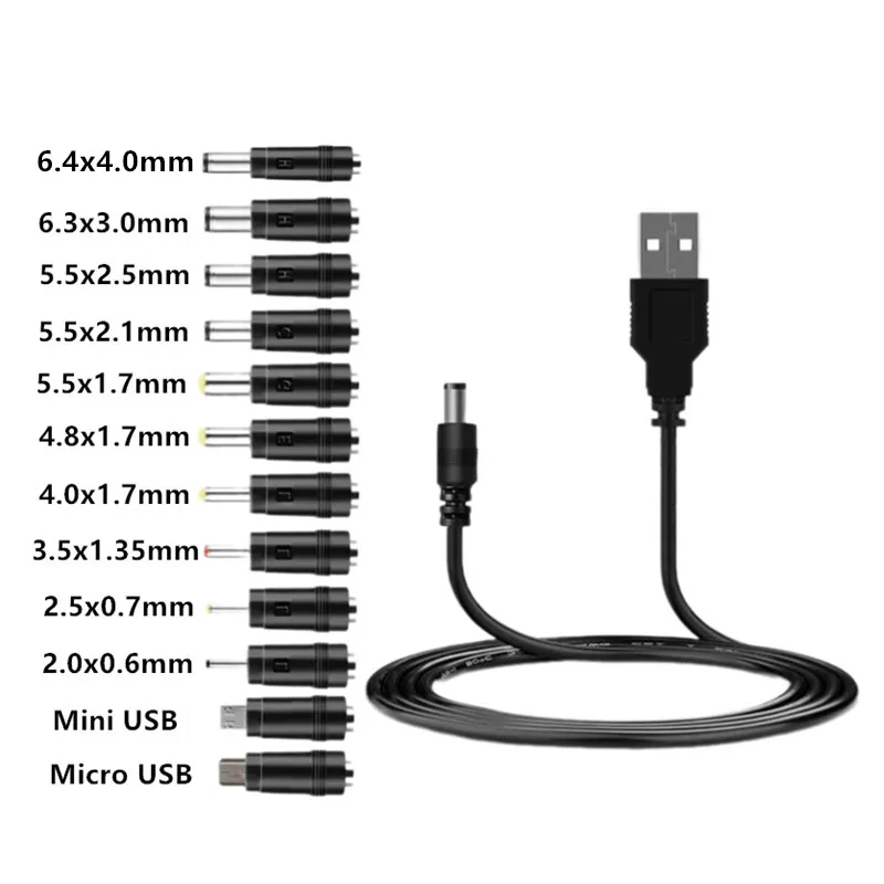 Uniwersalny przewód zasilający USB na 5 V DC Kabel ładujący 5,5 x 2,1 mm z 12 wymiennymi adapterami wtyczek Micro USB Mini USB DC Wtyczka
