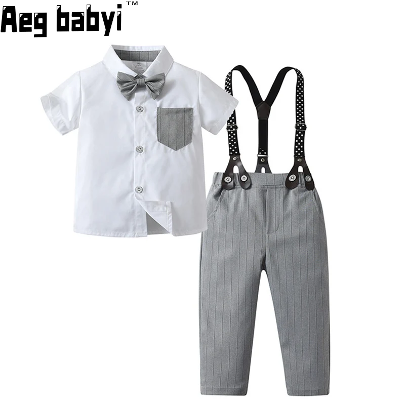 

Summer Baby Boy Clothes Set Short Sleeve Shirt Bowtie +Suspenders Trousers 3pcs Kids Birthday Party Children Gentleman Suit