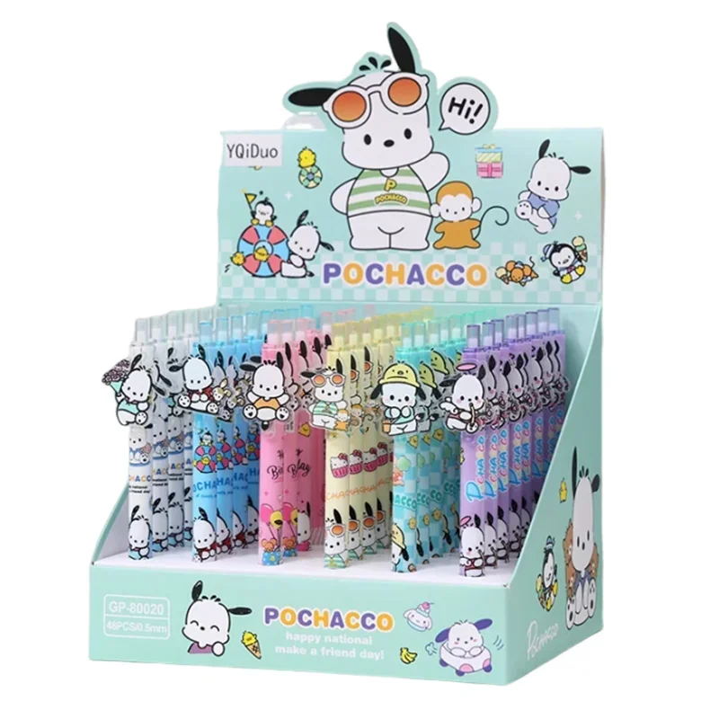 Sanrio 24/48pcs Gel Pens Cartoon Pochacco Acrylic Patch Press Pen Black Ink 0.5mm Student School Supplies Cute Children's Prizes