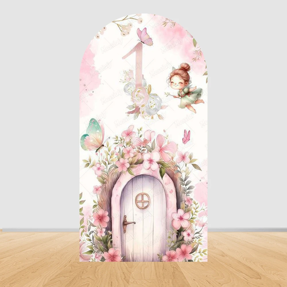 Fairy First Birthday Arch Cover Background Flower Pink Mushroom Door Ballet Girl Baby Shower Party Decor Photo Arch Backdrops - view 2