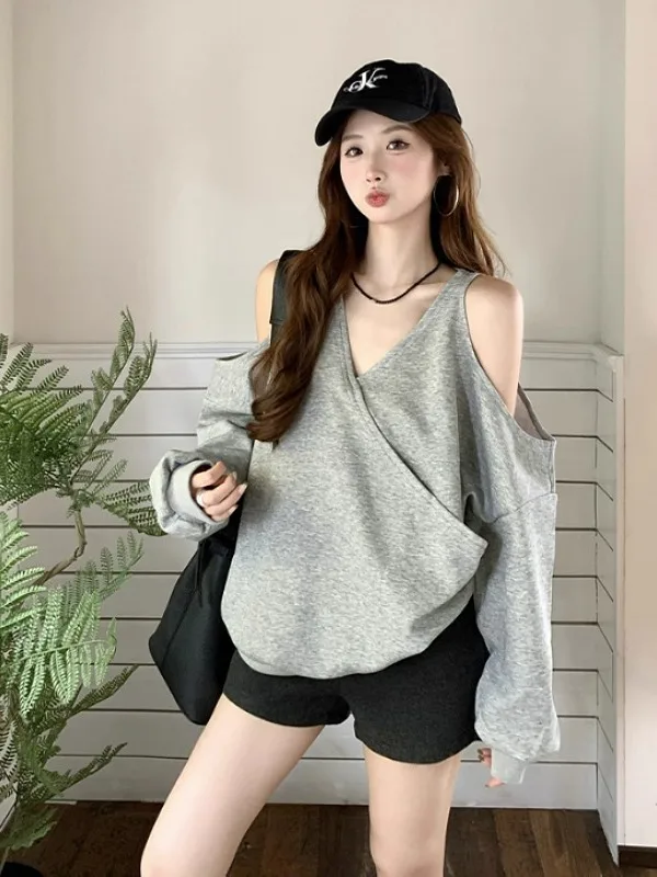 

Женский винтажный свитер оверсайз с длинным рукавом и V-образным вырезом, свободного кроя, с открытыми плечами, утягивающий, для осени